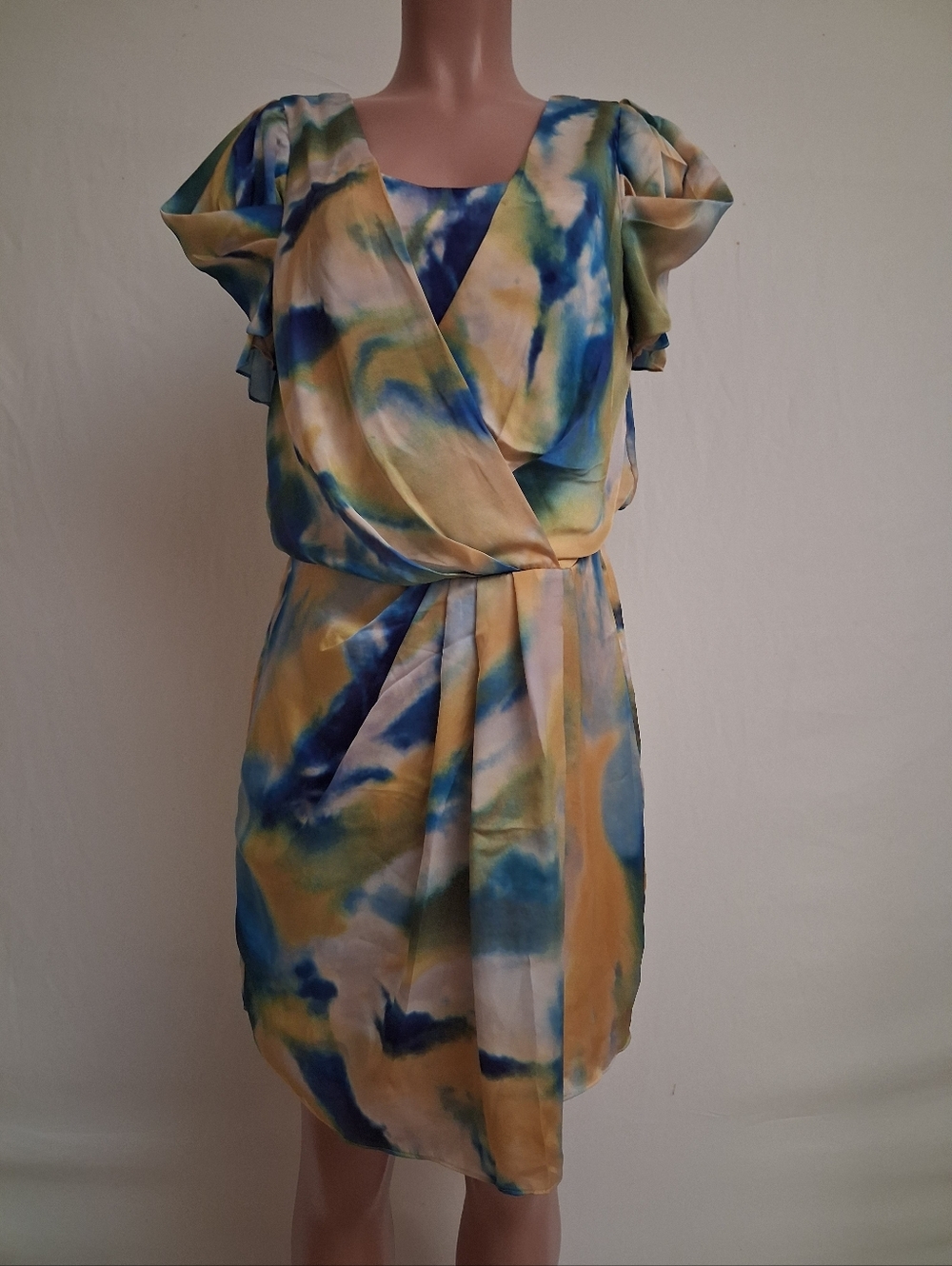 Vince Camuto Blue & Yellow Watercolor Abstract Wrap Front Mini Dress Size 12